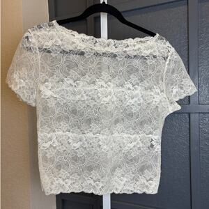 Natori Womens White Lace Vintage Sheer Coquette Feminine Short Sleeve Top Large